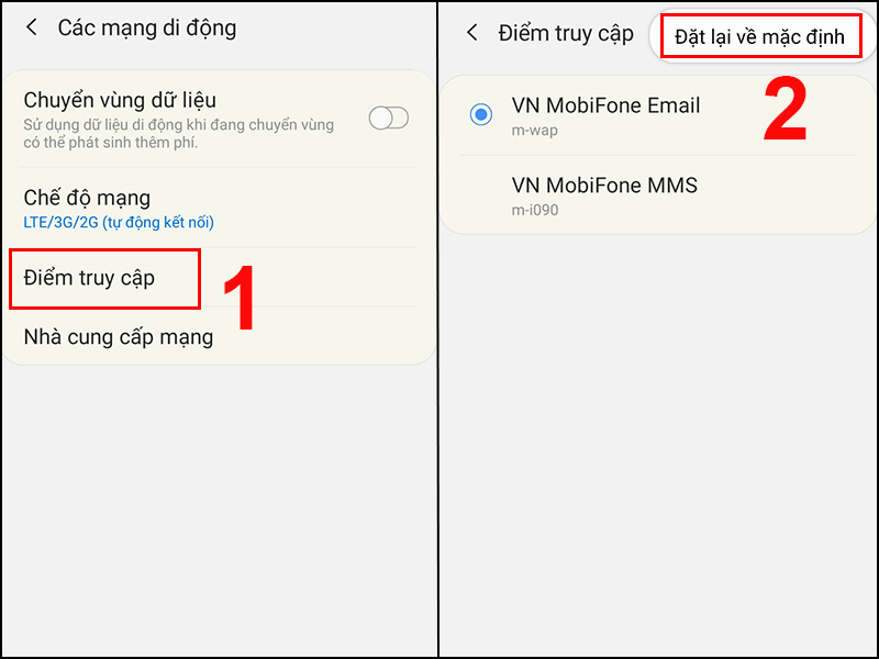 Chọn Đặt lại về mặc định